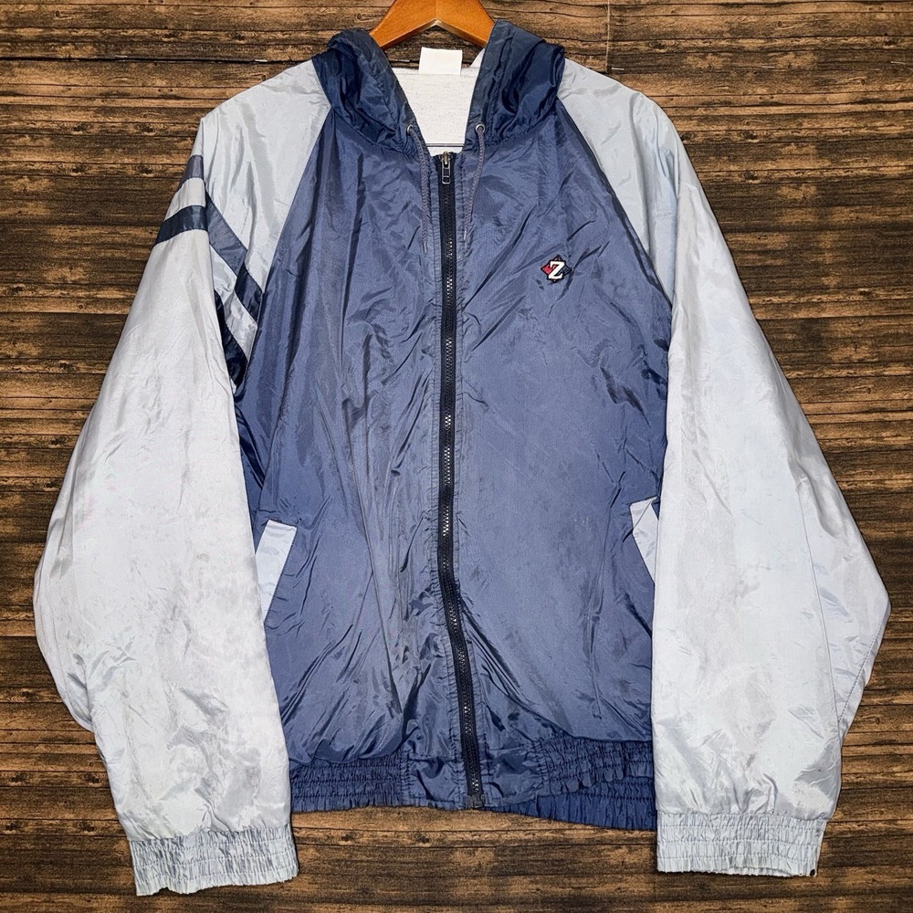Jerzees Windbreaker Jacket Mens Large Blue Hooded Colorblock Full Zip Z